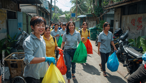熱帯の街で色分け袋を手に清掃する東南アジアの20代男女たち