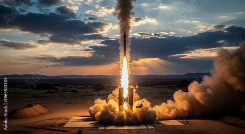 A rocket launches into the sky with a fiery explosion of flames