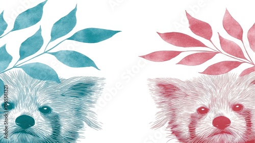 Colorful Artistic Illustration of Animal Faces with Leaves Accents