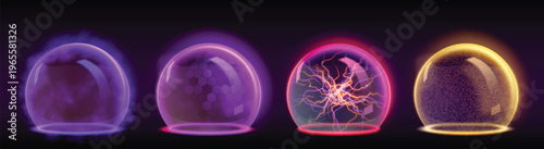 Set of glowing energy shields, force fields and protective bubbles