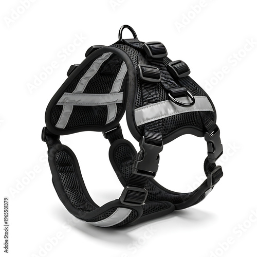 A black dog harness with reflective strips on a white background