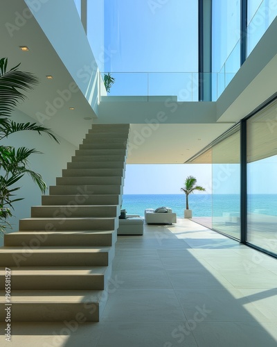 Sleek Modern Villa with Ocean View and Expansive Glass Windows in Sunlit Minimalist Design