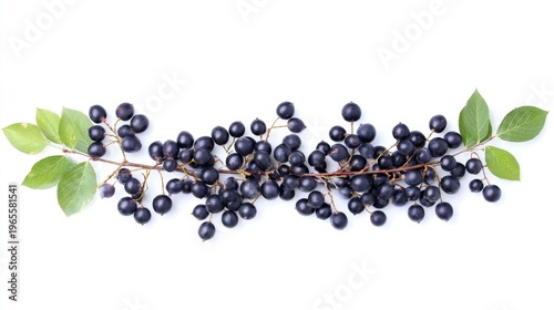 Fresh Black Berries Branch with Green Leaves on White Background