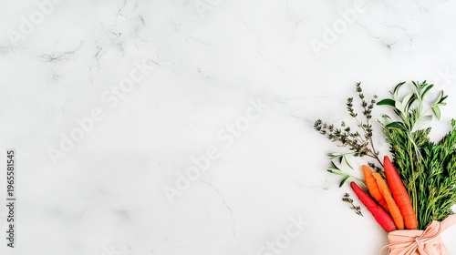 Fresh Carrots and Herbs on Marble Background with Natural Light