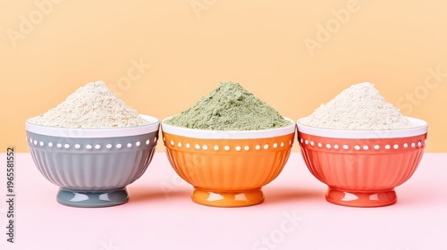 Colorful Bowls with Various Powders against a Soft Pastel Background