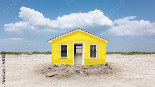 Bright Yellow House Surrounded by Sandy Landscape and Blue Sky