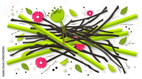 Colorful Arrangement of Sticks, Flowers, and Green Leaves on White