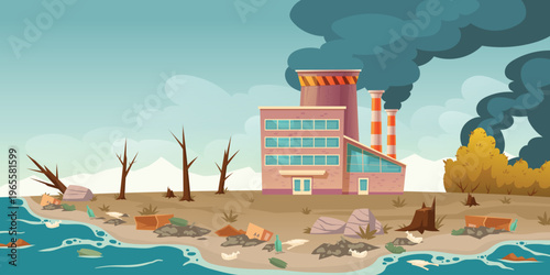 Industrial factory polluting the environment with smoke and waste