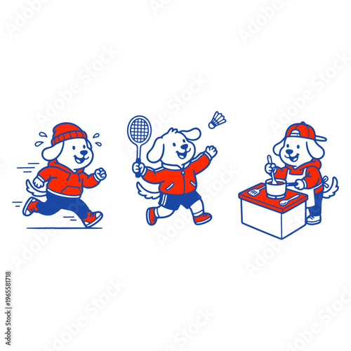 Set of cute cartoon dog characters doing sports and cooking activities