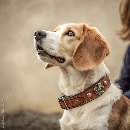 A dog with a brown leather collar and a silver medallion looks up