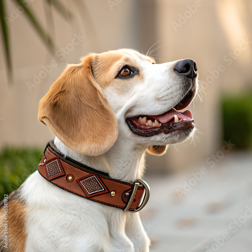 A happy beagle dog wearing a brown leather collar outdoors