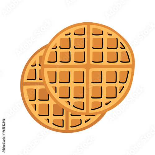 Flat illustration of two round sweet golden waffles isolated on white. Isolated group top view. Tasty breakfast pastry, snack or dessert icon view from above. Traditional belgian waffles pair