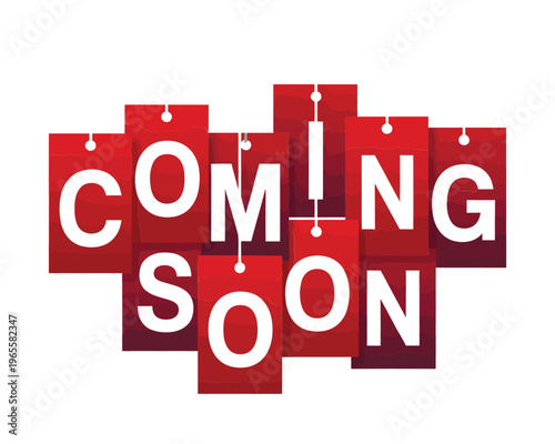 Red coming soon banner with geometric shapes and bold lettering