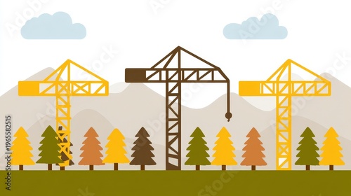 Construction Cranes in Nature with Trees and Mountains in Background