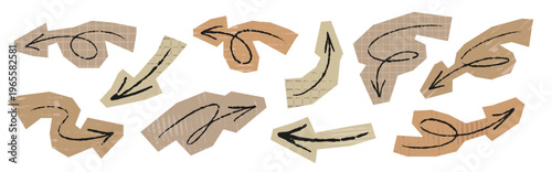 Vintage Scrapbook Paper Arrow Cutout Collection, retro vector set with handdrawn ink pointer. Grunge kraft sticker for collage, junk journal, ephemera design