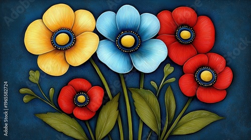 Colorful Hand-Drawn Floral Composition with Bright Petals and Leaves