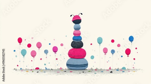 Colorful Illustration of Stack of Macarons Surrounded by Balloons
