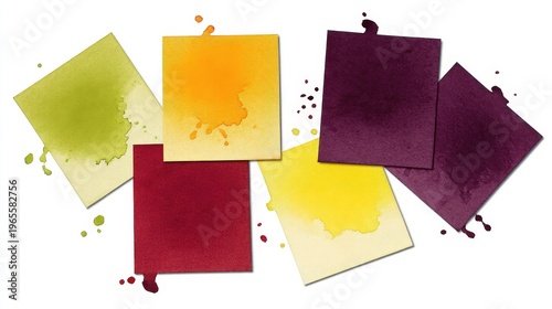Colorful Watercolor Stains and Paper Squares for Creative Design