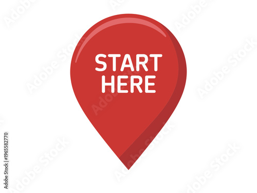 A red map pin icon with the text start here written on it