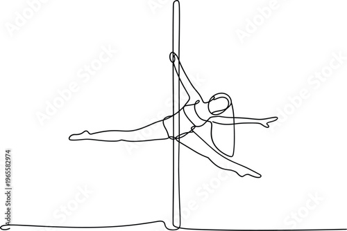 Elegant line drawing of a woman performing a pole dance pose