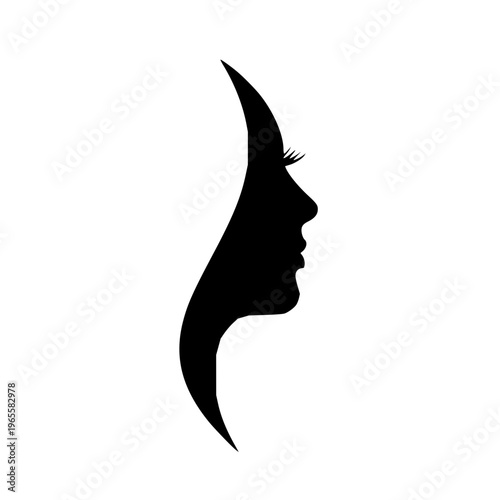 An elegant black silhouette of a woman's face in profile, featuring graceful curves and flowing hair, embodying beauty, tranquility, and modern femininity as a sophisticated graphic element