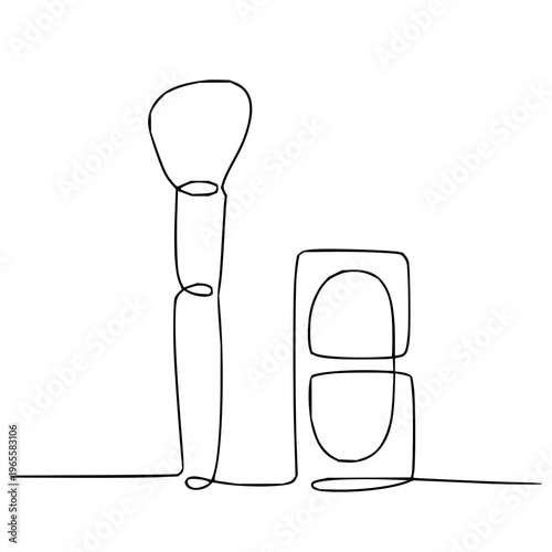 Simple continuous line drawing of a makeup brush and a compact powder foundation, representing beauty and cosmetic application