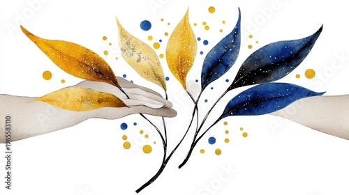 Hands Reaching for Colorful Leaves in an Artistic Watercolor Design