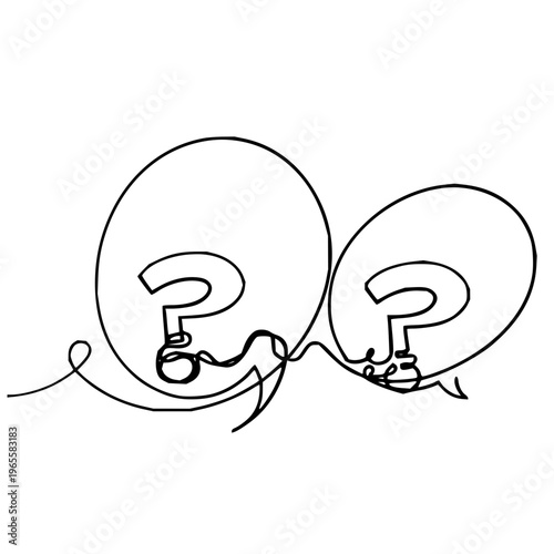 Minimalist continuous line art illustration depicting two interconnected thought bubbles with question marks, symbolizing communication, inquiry, and the search for answers in conversation