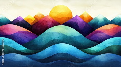 Colorful Geometric Landscape with Sun and Mountains in Watercolor Style
