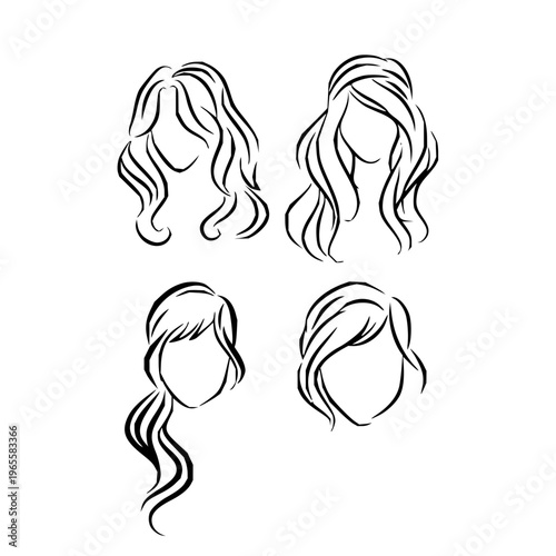 Elegant line art illustrations depicting a variety of women's hairstyles, including long, short, wavy, and styled hair, suitable for beauty and fashion concepts