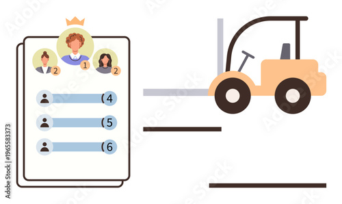 Workforce management, logistics, leadership, employee ranking, productivity analysis, and operations. A leaderboard with ranked employees and a forklift. Workforce management and logistics idea