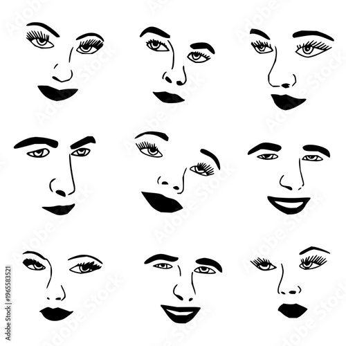 A captivating collection of stylized black and white line art illustrations showcasing diverse human facial expressions, conveying a spectrum of emotions and moods through intricate contour details