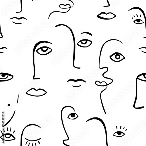 A minimalist abstract artistic pattern featuring a seamless composition of diverse stylized line art faces, celebrating individuality and abstract expression in a monochromatic design