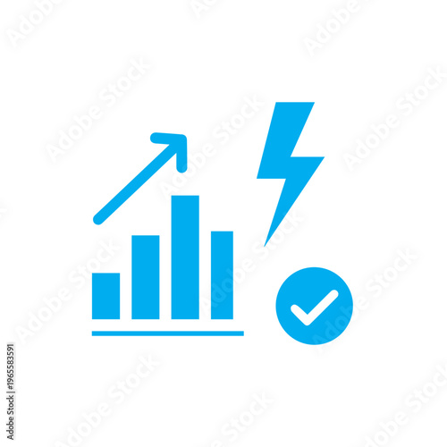 Bright cyan chart elements depict rising statistical results accompanied by a lightning bolt and a confirmation circle icon.