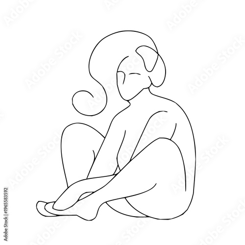 Minimalist black and white line art illustration depicting the serene and introspective pose of a female figure, embracing simplicity and abstract form for a peaceful aesthetic