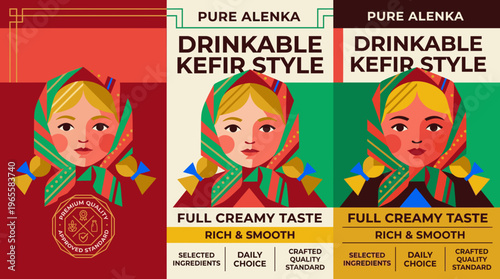 Packaging design for drinkable kefir style by Pure Alenka features a character in traditional headscarf