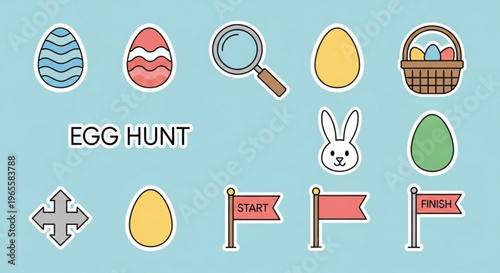 Colorful easter egg hunt icons with basket rabbit and flags on light blue background
