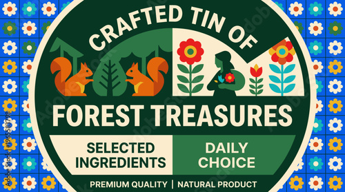 Crafted tin of forest treasures label with graphic design and selected ingredients for daily choice