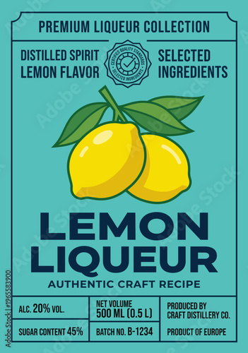 Premium lemon liqueur label showing details of ingredients and craft recipe for the beverage
