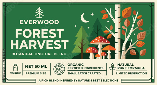 Packaging label for Everwood Forest Harvest botanical tincture blend showing nature elements and product details