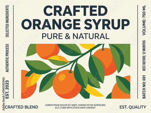 Crafted orange syrup packaging label with clear design and details about product specifications and ingredients