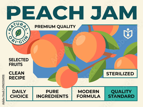 Peach jam packaging label featuring fruits and quality information for consumers looking at food options
