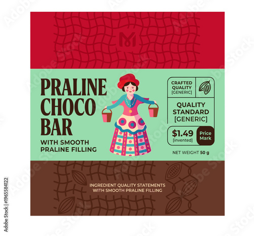 Praline choco bar packaging label showing smooth praline filling with details about size and price