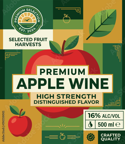 Premium apple wine packaging label shows distinct design for selected fruit harvests and highlights high strength flavor