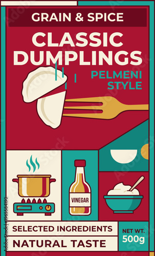 Classic dumplings pelmeni style packaging label with natural taste and selected ingredients