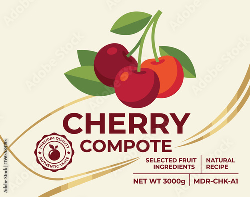 Cherry compote packaging label design showcasing fruit ingredients and natural recipe for consumers interested in quality food products