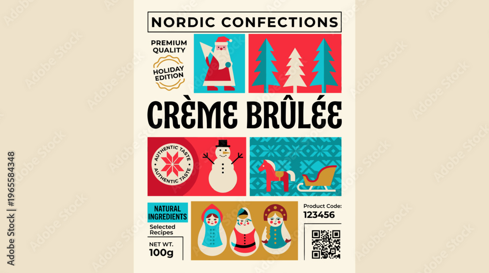 Fototapeta premium Nordic Confections Holiday Edition packaging label for creme brulee with various festive designs