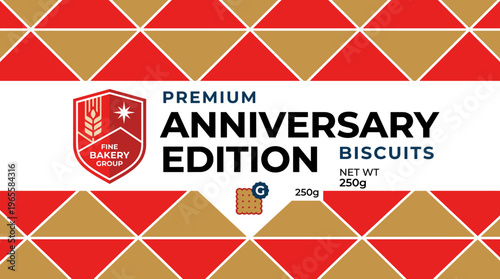 Premium anniversary edition biscuits packaging label design for fine bakery group with net weight details and logo