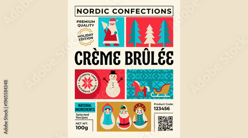 Nordic Confections Holiday Edition packaging label for creme brulee with various festive designs