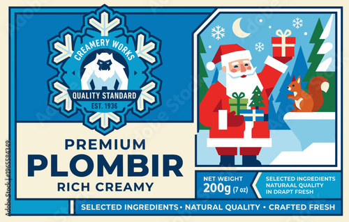 Premium plombir packaging label showing Santa and a squirrel in winter setting with gifts and snow